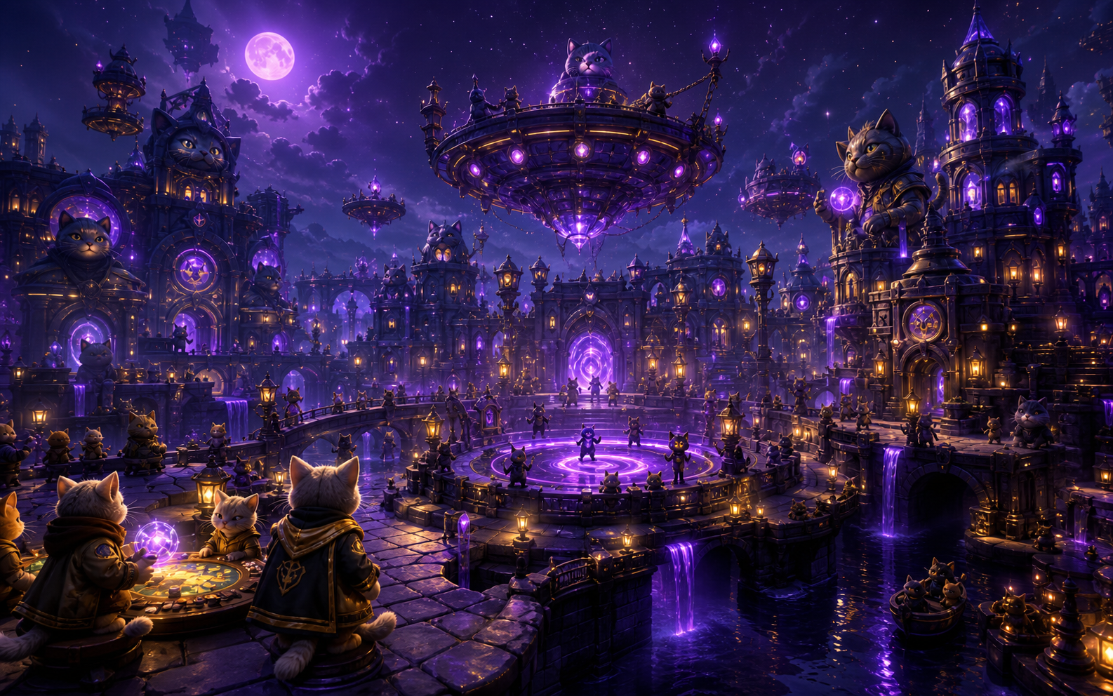 Game District with purple magical arenas