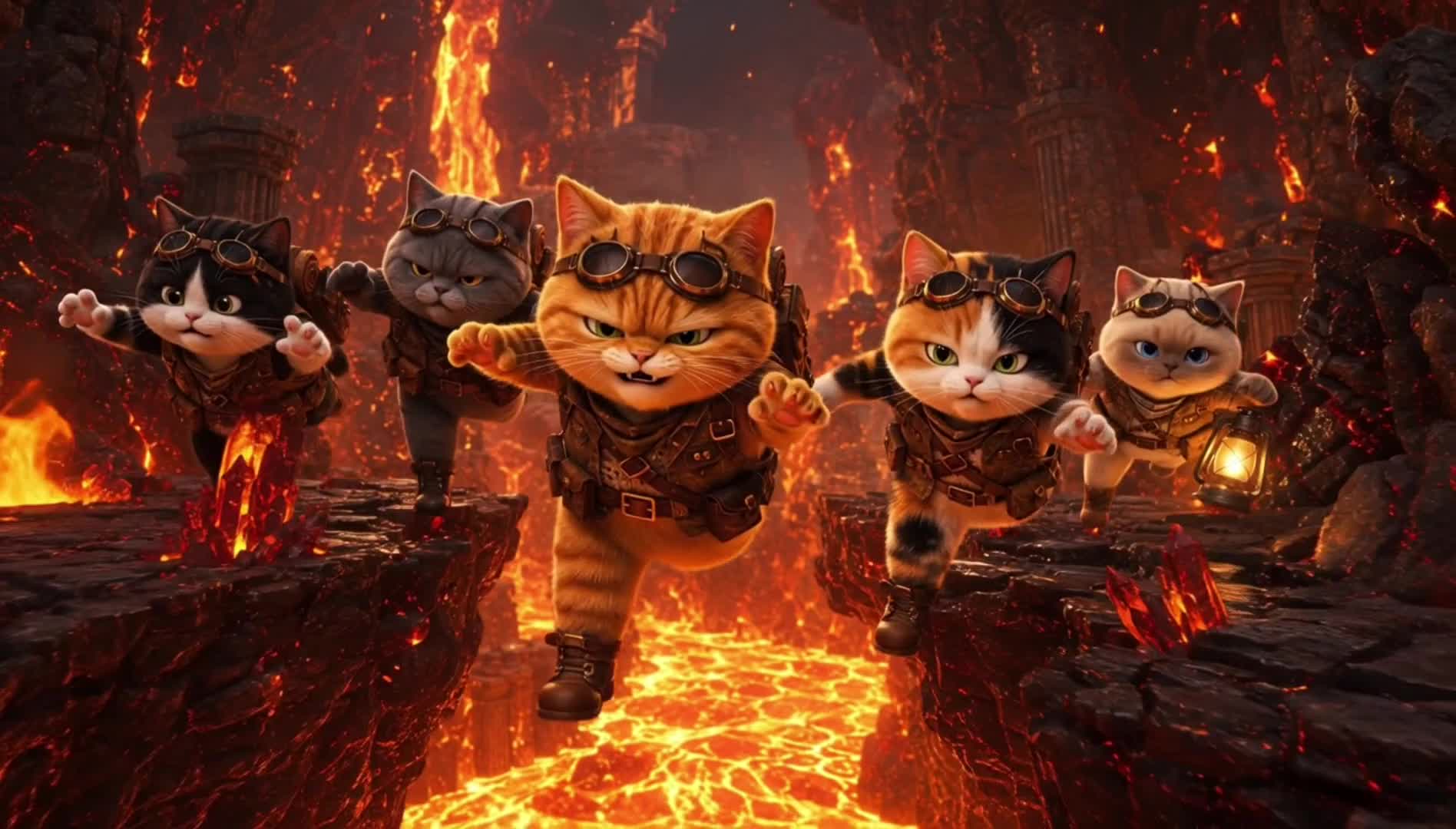 Five CoinCat characters running through a lava adventure scene